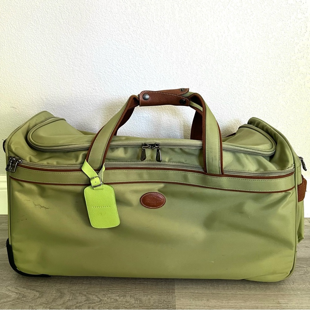 Longchamp Olive Green Travel Duffle with Brown Leather Trim